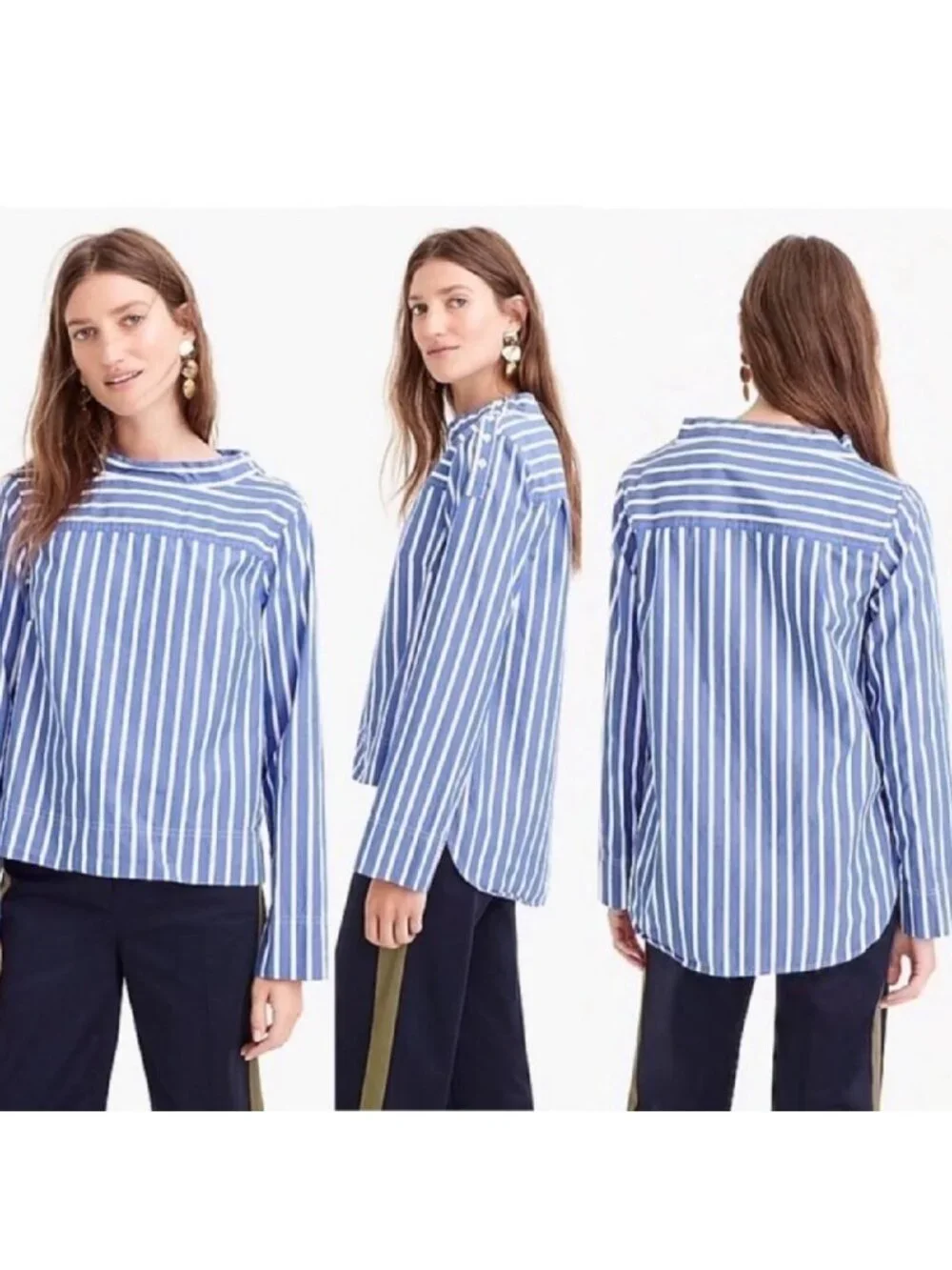 J. Crew Blue White Striped Cotton Blouse Top Button Shoulder High Low Hem 4